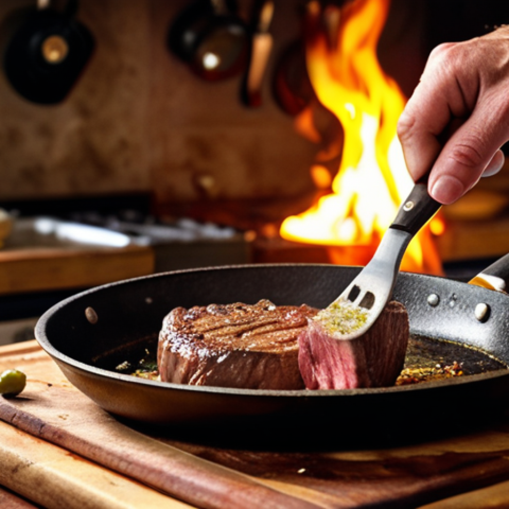 A vibrant photograph showcasing a chef searing a steak in a pan with olive oil, creating a golden-brown crust. Focus on the Maillard reaction and the sizzle of the meat. The setting is a rustic Italian kitchen.