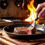 A vibrant photograph showcasing a chef searing a steak in a pan with olive oil, creating a golden-brown crust. Focus on the Maillard reaction and the sizzle of the meat. The setting is a rustic Italian kitchen.