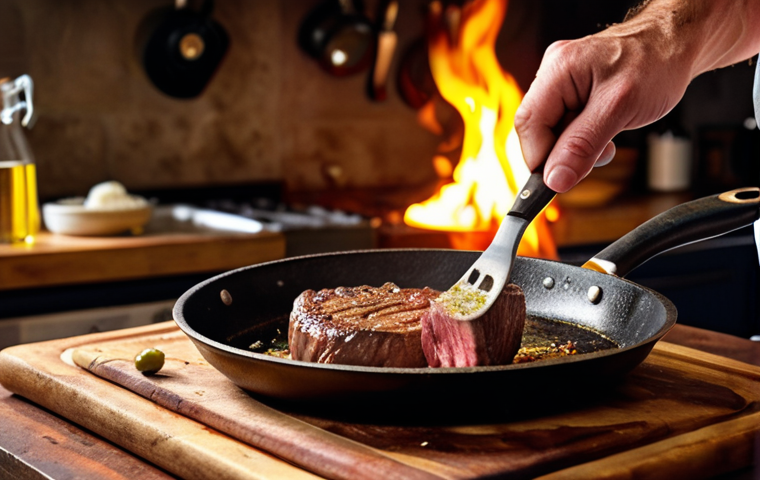 A vibrant photograph showcasing a chef searing a steak in a pan with olive oil, creating a golden-brown crust. Focus on the Maillard reaction and the sizzle of the meat. The setting is a rustic Italian kitchen.