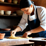 A focused individual, fully clothed in modest, comfortable professional attire, carefully learning to make fresh pasta. They are standing in a rustic, sunlit Italian kitchen, filled with traditional cooking tools and terracotta pots. The setting is warm and inviting, showcasing a clean, organized workspace. The person's hands are visible, engaged in kneading dough, demonstrating perfect anatomy, well-formed hands, and proper finger count. The overall scene is professional, appropriate content, and safe for work, emphasizing natural body proportions, correct proportions, and a natural pose.