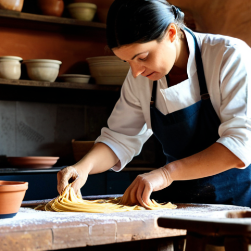 A focused individual, fully clothed in modest, comfortable professional attire, carefully learning to make fresh pasta. They are standing in a rustic, sunlit Italian kitchen, filled with traditional cooking tools and terracotta pots. The setting is warm and inviting, showcasing a clean, organized workspace. The person's hands are visible, engaged in kneading dough, demonstrating perfect anatomy, well-formed hands, and proper finger count. The overall scene is professional, appropriate content, and safe for work, emphasizing natural body proportions, correct proportions, and a natural pose.