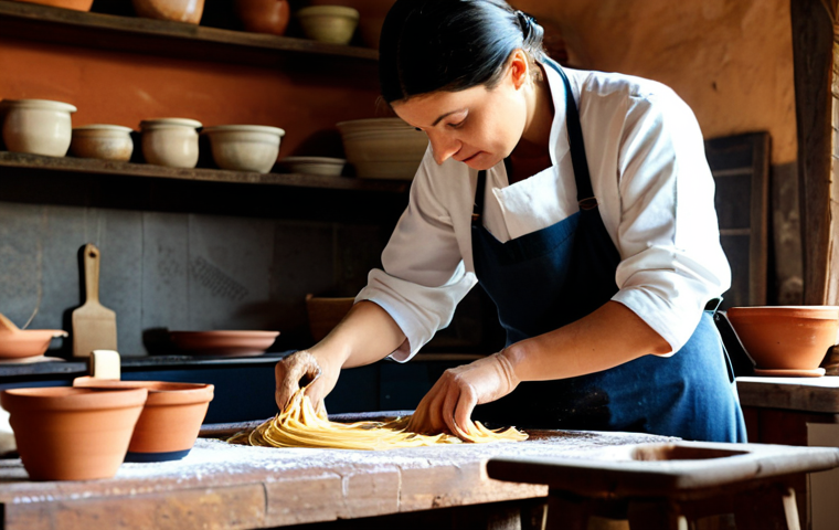 A focused individual, fully clothed in modest, comfortable professional attire, carefully learning to make fresh pasta. They are standing in a rustic, sunlit Italian kitchen, filled with traditional cooking tools and terracotta pots. The setting is warm and inviting, showcasing a clean, organized workspace. The person's hands are visible, engaged in kneading dough, demonstrating perfect anatomy, well-formed hands, and proper finger count. The overall scene is professional, appropriate content, and safe for work, emphasizing natural body proportions, correct proportions, and a natural pose.