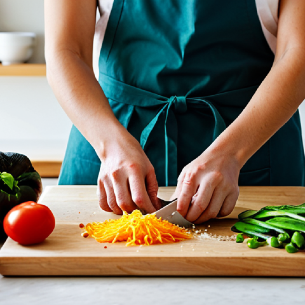 A professional home chef, fully clothed in a clean chef's apron over modest attire, meticulously preparing ingredients for a meal. The chef's hands are precisely chopping fresh, vibrant vegetables on a clean, wooden cutting board, with various neatly arranged bowls of prepped ingredients surrounding. The kitchen is well-lit, organized, and inviting, with a warm, natural ambiance. This image emphasizes attention to detail and traditional culinary skill. Safe for work, appropriate content, professional dress, perfect anatomy, correct proportions, natural pose, well-formed hands, proper finger count, natural body proportions.