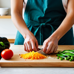 Home 9 A professional home chef, fully clothed in a clean chef's apron over modest attire, meticulously preparing ingredients for a meal. The chef's hands are precisely chopping fresh, vibrant vegetables on a clean, wooden cutting board, with various neatly arranged bowls of prepped ingredients surrounding. The kitchen is well-lit, organized, and inviting, with a warm, natural ambiance. This image emphasizes attention to detail and traditional culinary skill. Safe for work, appropriate content, professional dress, perfect anatomy, correct proportions, natural pose, well-formed hands, proper finger count, natural body proportions.