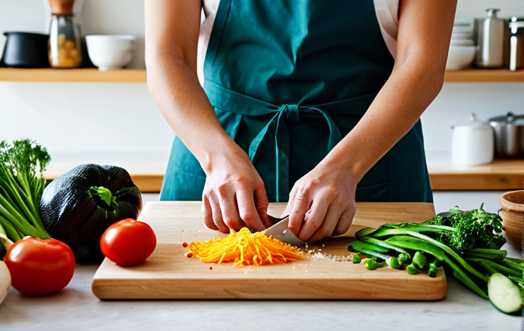 A professional home chef, fully clothed in a clean chef's apron over modest attire, meticulously preparing ingredients for a meal. The chef's hands are precisely chopping fresh, vibrant vegetables on a clean, wooden cutting board, with various neatly arranged bowls of prepped ingredients surrounding. The kitchen is well-lit, organized, and inviting, with a warm, natural ambiance. This image emphasizes attention to detail and traditional culinary skill. Safe for work, appropriate content, professional dress, perfect anatomy, correct proportions, natural pose, well-formed hands, proper finger count, natural body proportions.