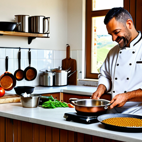 Home 8 Modern Italian Kitchen Scene**
"A brightly lit, modern Italian kitchen featuring a chef preparing a *zuppa di farro e lenticchie* (farro and lentil soup) with fresh, colorful seasonal vegetables. Stainless steel appliances, copper pots hanging from a rack, and a window overlooking a Tuscan countryside. The chef is fully clothed in a professional kitchen uniform, smiling and engaged. Perfect anatomy, correct proportions, natural pose, well-formed hands, proper finger count, natural body proportions, professional food photography, high quality, safe for work, appropriate content, fully clothed, professional, family-friendly."
**