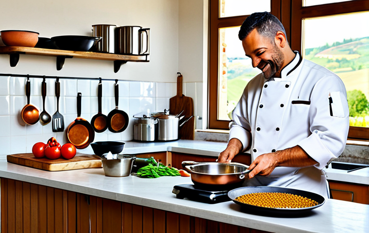 Modern Italian Kitchen Scene**
"A brightly lit, modern Italian kitchen featuring a chef preparing a *zuppa di farro e lenticchie* (farro and lentil soup) with fresh, colorful seasonal vegetables. Stainless steel appliances, copper pots hanging from a rack, and a window overlooking a Tuscan countryside. The chef is fully clothed in a professional kitchen uniform, smiling and engaged. Perfect anatomy, correct proportions, natural pose, well-formed hands, proper finger count, natural body proportions, professional food photography, high quality, safe for work, appropriate content, fully clothed, professional, family-friendly."
**