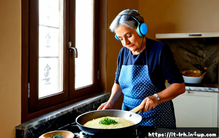 요리 기법 학습  유익한 팟캐스트 추천 - Photorealistic Italian home kitchen scene, an older Italian woman in a neat apron listening to a coo...