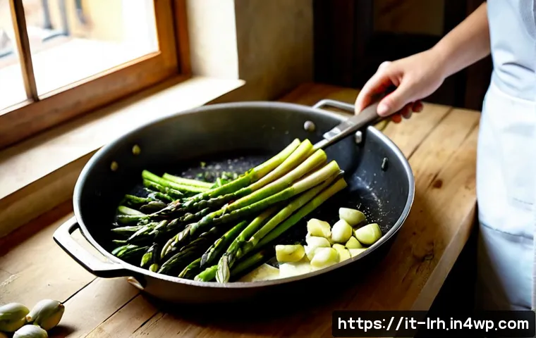 Home 14 요리 기법과 제철 재료의 관계 - Photorealistic Italian spring kitchen scene, a home cook gently sautéing bright green asparagus, fre...
