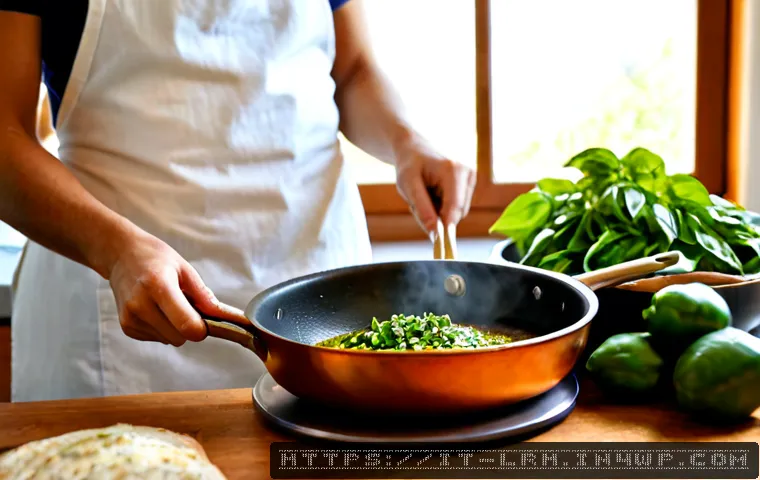 요리 기법 체험  나만의 요리 실험실 - Photorealistic Italian home cooking laboratory, an enthusiastic adult cook in a clean linen apron co...